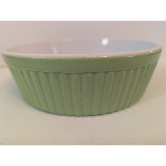 Green & White Ribbed Ceramic Casserole Dish Made In France 7" Diameter Oven-Safe - Picture 2 of 7